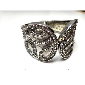 Silver Tone Rhinestone Hinged Cuff Bracelet Clamper Sculptural Cutout Design